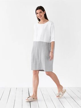 Magic Linen Adria Colorblock Relaxed Tunic Dress White Gray Women's Medium